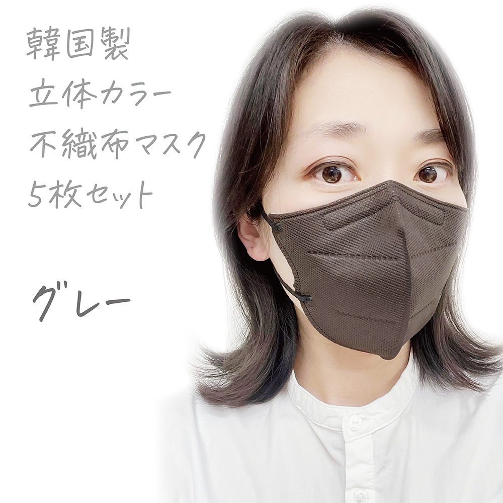 韓国製 立体カラー２つ折り 不織布マスク 5枚セット グレー