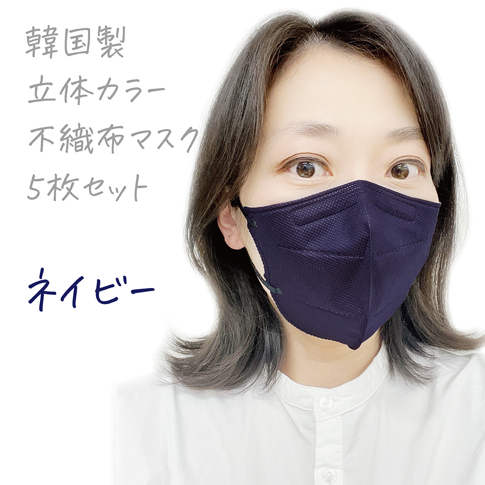 韓国製 立体カラー２つ折り 不織布マスク 5枚セット ネイビー