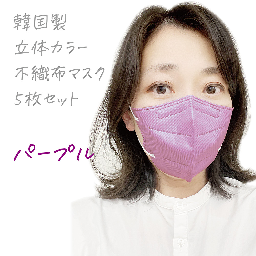 韓国製 立体カラー２つ折り 不織布マスク 5枚セット パープル