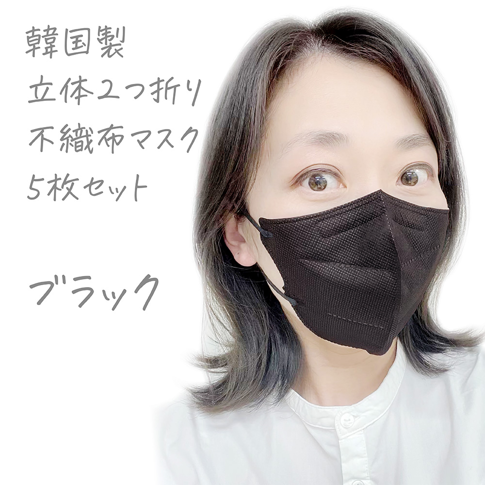 韓国製 立体２つ折り 不織布マスク 5枚セット ブラック